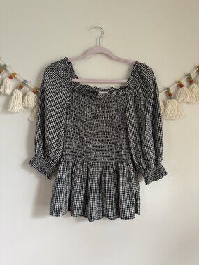 Max Studio Gingham Smocked Puff Sleeve Square  Neck Top Cottage Coquette L